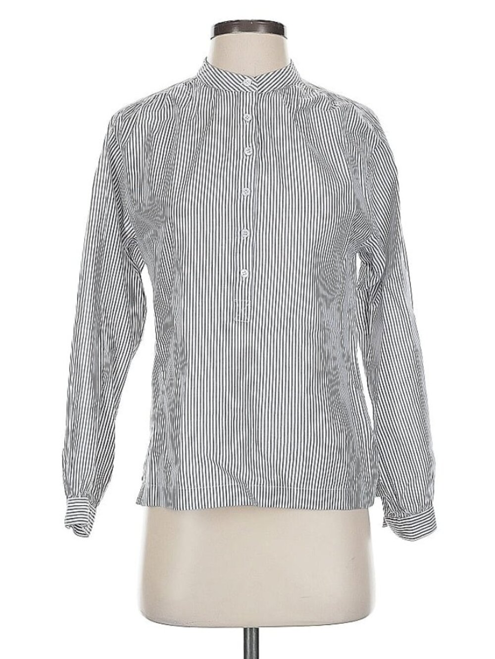 Stripe Seersucker Blouse Mock Neck EUC